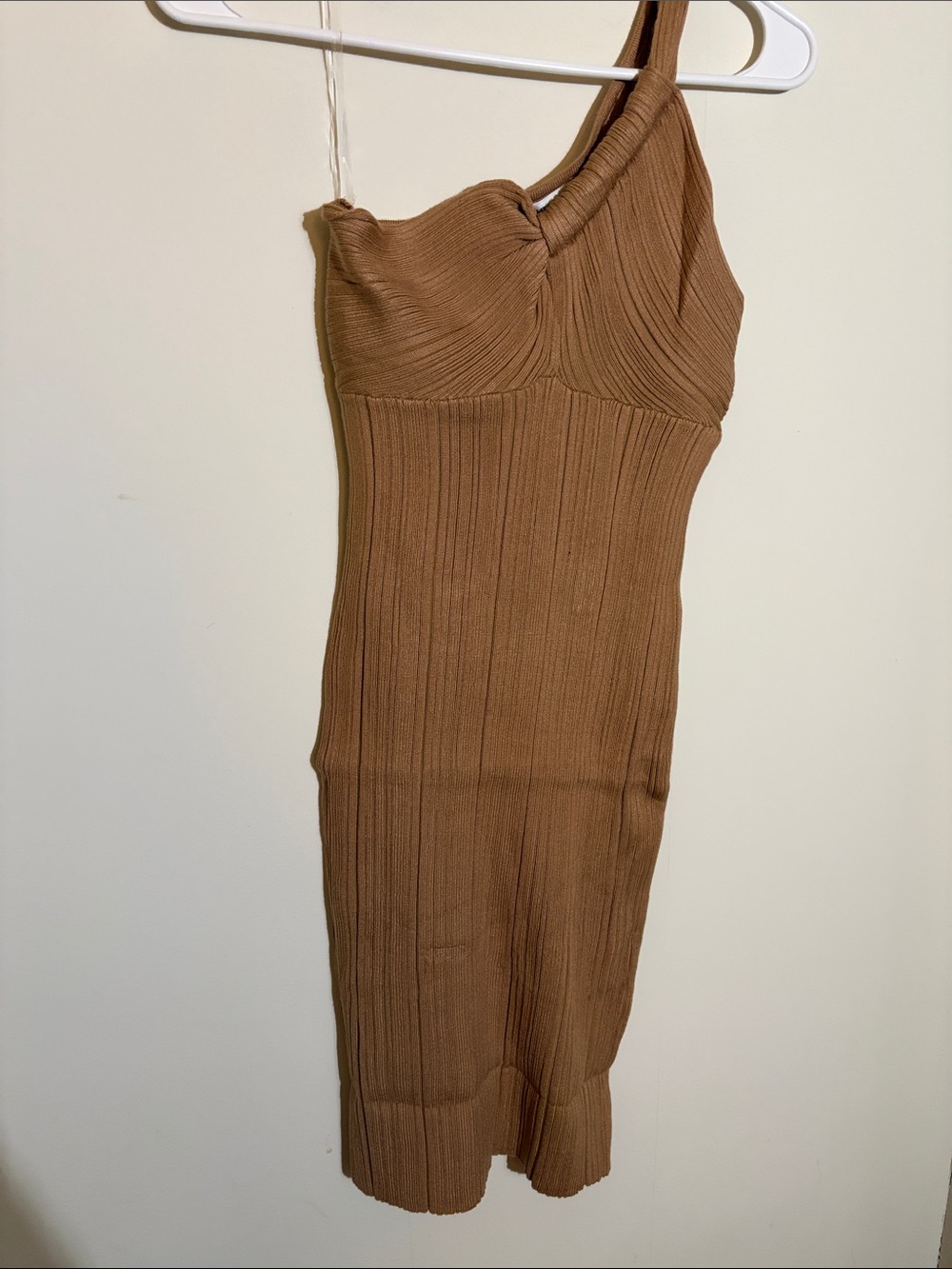 Asymmetric One-Shoulder Ribbed Midi Dress in Brown
